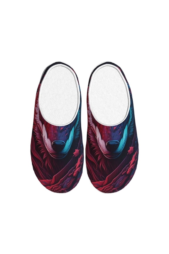 Cool Wolf Head Women's Men's Slippers Plush Slip-On House Slipper for Winter Indoor Soft Cushion Non-slip Fluffy Slides Slippers-39/40