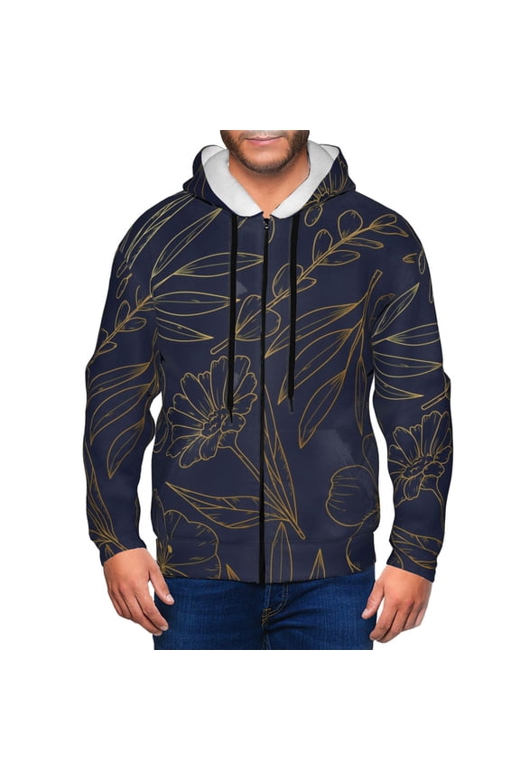 Copper-Gold Gloss Outline Flower Print Men Hoodies Casual Hoodies for Men with Zip Pockets Full Zip Long Sleeve Sweatshirt Sports Hooded Jacket-Small