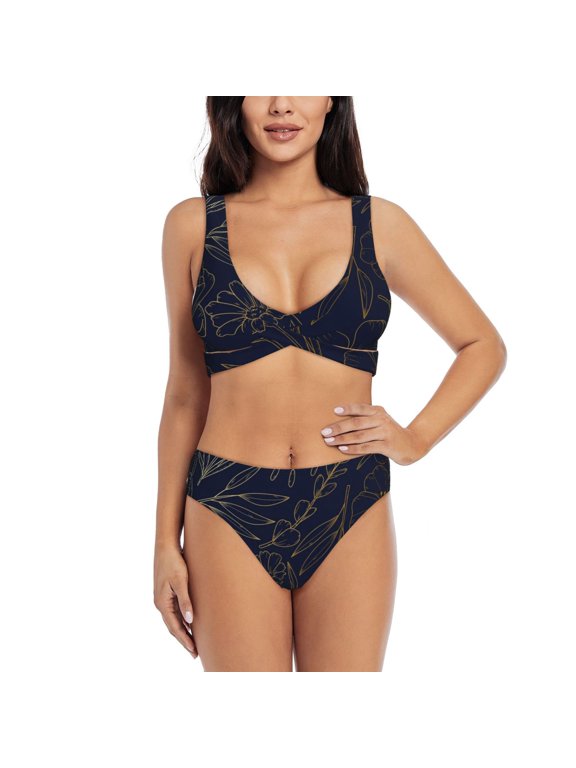 Copper-Gold Gloss Outline Flower Print Women's 2 Piece High Waisted Wrap Spaghetti Strap Summer Swimsuit Bikini Set-Medium
