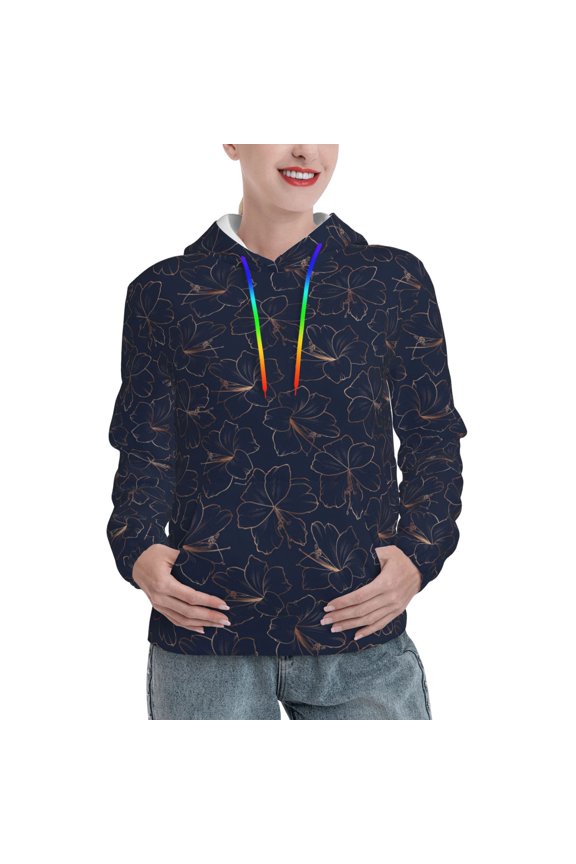 Copper-Gold Gloss Outline Lily Flower Print Womens Oversized Hoodies Sweatshirts Hooded Pullover Tops Sweaters Casual-Medium