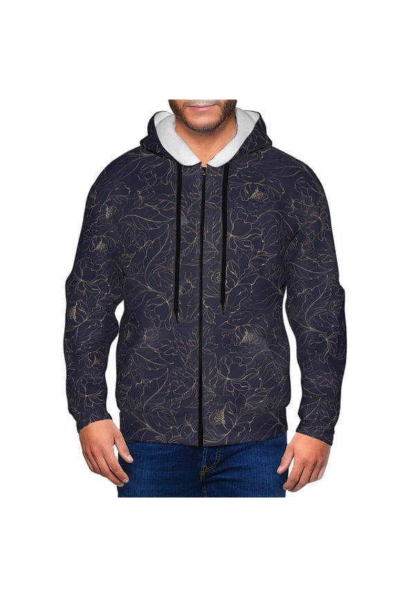 Copper-Gold Gloss Outline Peony Print Men Hoodies Casual Hoodies for Men with Zip Pockets Full Zip Long Sleeve Sweatshirt Sports Hooded Jacket-Small