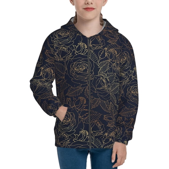 Kdxio Copper-Gold Gloss Outline Rose Pattern Kids Boys Girls Zip Up Hoodie 3D Printed Hooded Sweatshirt Hoody Coat with Pocket 7-12 Y-Medium