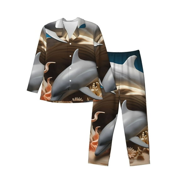 Kdxio Coral Fish Dolphin Men’s Pajama Set Pajamas For Men 2 Piece PJ Set with Men Pajama Pants and Long Sleeve T-Shirt Lounge Set-Small