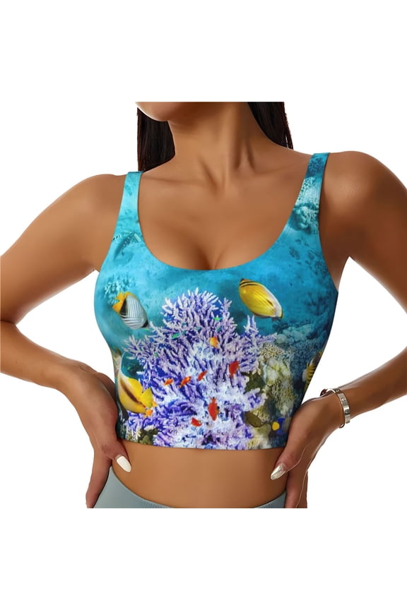Corals and Tropical Fish Print Workout Crop Tank Top for Women Racerback Yoga Tank Tops Athletic Sports Shirts Exercise Undershirts