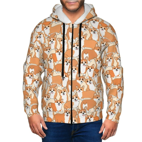 Kdxio Corgi Animal Print Men Hoodies Casual Hoodies for Men with Zip Pockets Full Zip Long Sleeve Sweatshirt Sports Hooded Jacket-Medium