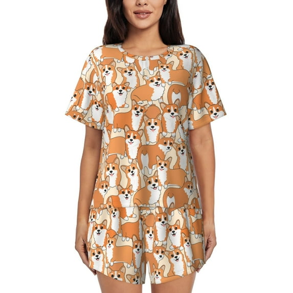 Kdxio Corgi Animal Print Pajamas Sets for Women Short-Sleeved Pjs with Lounge Shorts Two Piece Sleepwear S-4XL