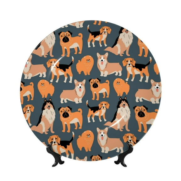 Kdxio Corgi Collie Pug Bone China Decorative Plate Ceramic Decorative Plate for Home Office Wall Stand Decorative Plates for Home Bedroom-8in