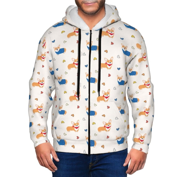 Kdxio Corgi Dog And Heart Print Men Hoodies Casual Hoodies for Men with Zip Pockets Full Zip Long Sleeve Sweatshirt Sports Hooded Jacket-X-Large