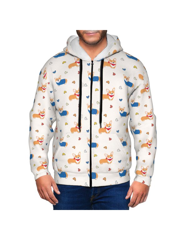 Corgi Dog And Heart Print Men Hoodies Casual Hoodies for Men with Zip Pockets Full Zip Long Sleeve Sweatshirt Sports Hooded Jacket-X-Large