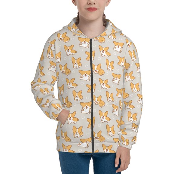 Kdxio Corgi Dog Pattern Kids Boys Girls Zip Up Hoodie 3D Printed Hooded Sweatshirt Hoody Coat with Pocket 7-12 Y-Medium