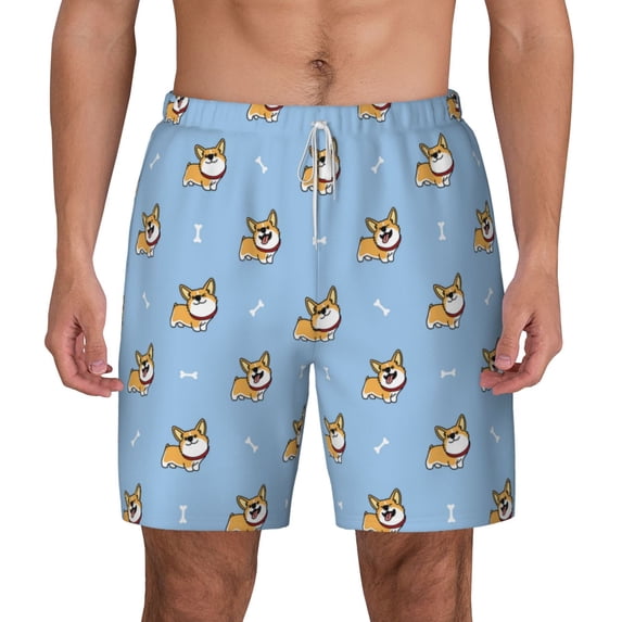 Kdxio Corgi Dog Print Men'S Swim Trunks With Compression Liner 7 Inch Inseam Quick Dry Swim Shorts