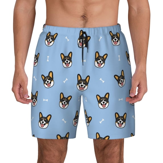 Kdxio Corgi Dog Print Men's Swim Trunks with Compression Liner 7 Inch Inseam Quick Dry Swim Shorts