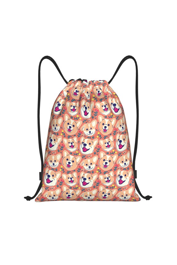 Corgi Head with Floal Print Drawstring Backpack Bag,Waterproof Draw String Back Sack, Gym Drawstring Bags Swim Bag For Unisex