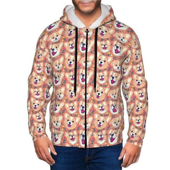 Kdxio Corgi Head with Floal Print Men Hoodies Casual Hoodies for Men with Zip Pockets Full Zip Long Sleeve Sweatshirt Sports Hooded Jacket-XX-Large