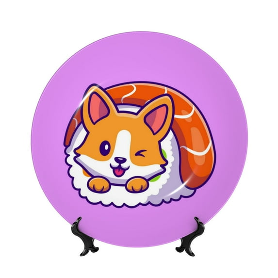 Kdxio Corgi In Sushi Roll Bone China Decorative Plate Ceramic Decorative Plate for Home Office Wall Stand Decorative Plates for Home Bedroom-10in