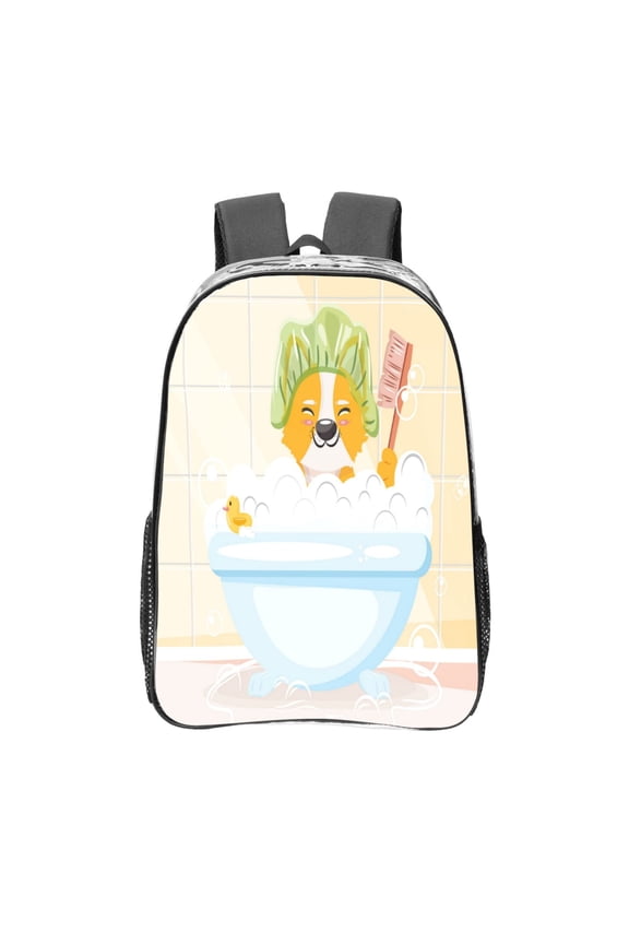 Corgi In The Shower Cap Bathing Clear Backpack, Transparent Bookbag for School for Women Men, Capacity Clear Bag for College, Travel