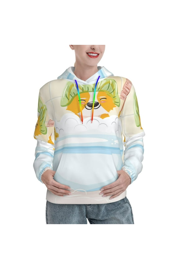 Corgi In The Shower Cap Bathing Print Womens Oversized Hoodies Sweatshirts Hooded Pullover Tops Sweaters Casual-Small