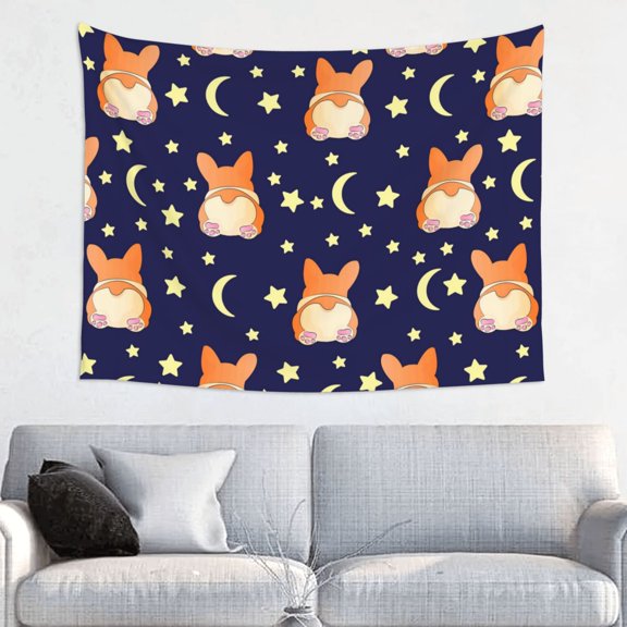 Kdxio Corgi Lying With Moons And Stars Wall Hanging Tapestries Banner For Bedroom College Dorm Home Living Room Party Decor 29X37 In