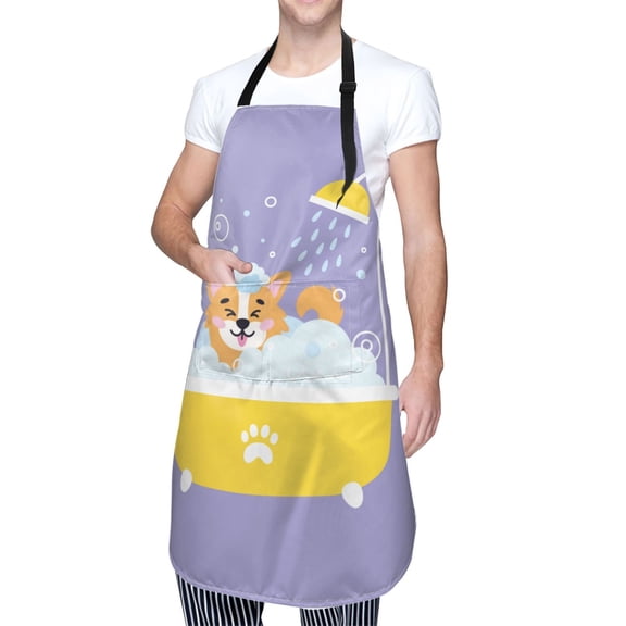Kdxio Corgi Washing in Bathtub Apron with Pockets Adjustable Kitchen Aprons for Men Women Waterproof Aprons for Cooking,Drawing,Crafting, Baking Household Cleaning
