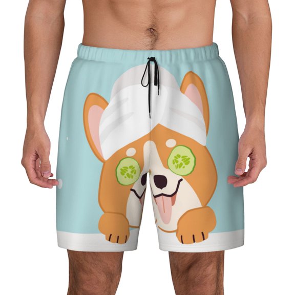 Kdxio Corgi With Towel Ans Slice Cucumber Print Men's Swim Trunks with Compression Liner 7 Inch Inseam Quick Dry Swim Shorts