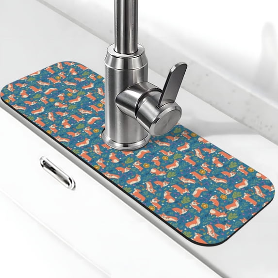 Kdxio Corgi with Flowers Pattern Non-Slip Diatom Mud Faucet Drain Pad,Self Absorbent Mat for Kitchen Sink for Variety Kitchen & Bathroom Countertops