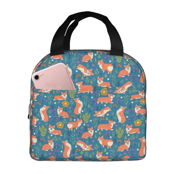 Kdxio Corgi with Flowers Print Insulated Lunch Bag,Reusable Tote Lunch Box for Women Men,Leakproof Cooler Lunch Bags for Work Office Travel Picnic