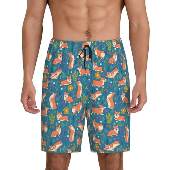 Kdxio Corgi with Flowers Print Mens Sleep Shorts Bottoms Soft Comfy Pajama Wear Pants with Drawstring Pockets