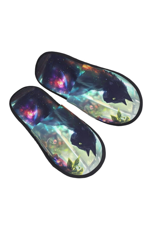 Cosmic Cat In Window Pattern Slippers for Women Memory Foam Fuzzy House Slippers Bedroom Non-slip Warm Womens Slippers
