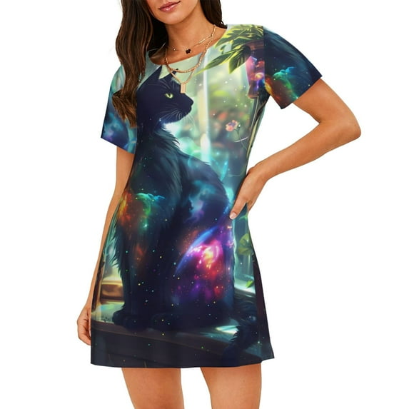 Kdxio Cosmic Cat In Window Pattern Womens Short Sleeve Sleepshirt Scoopneck Cute Nightdress Ruffle Comfy Nightgown