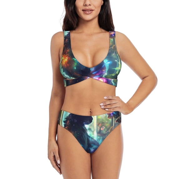Kdxio Cosmic Cat In Window Print Women's 2 Piece High Waisted Wrap Spaghetti Strap Summer Swimsuit Bikini Set-XX-Large