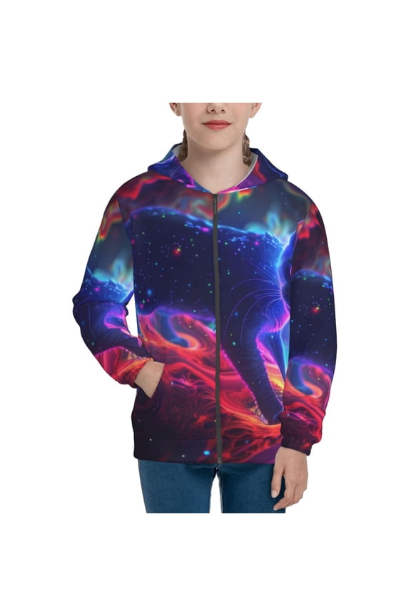 Cosmic Cat Psychedelic Journey Pattern Kids Boys Girls Zip Up Hoodie 3D Printed Hooded Sweatshirt Hoody Coat with Pocket 7-12 Y-Small