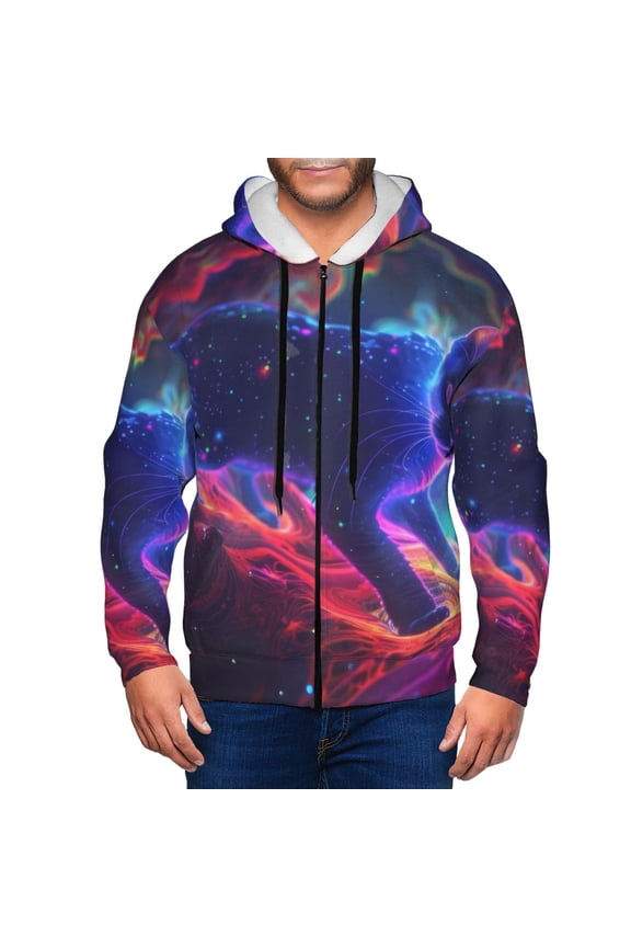 Cosmic Cat Psychedelic Journey Print Men Hoodies Casual Hoodies for Men with Zip Pockets Full Zip Long Sleeve Sweatshirt Sports Hooded Jacket-Medium