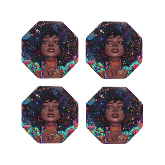 Kdxio Cosmic Garden Woman Portrait Funny Coasters,4 Pcs Leather Coasters,Housewarming Gifts,Protect Furniture from Water Marks Scratch and Damage