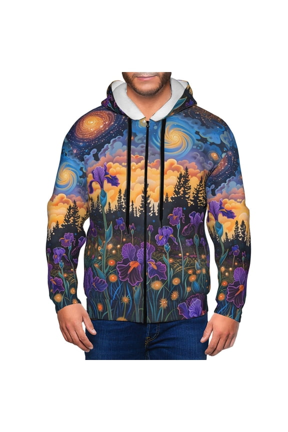 Cosmic Irises At Twilight Print Men Hoodies Casual Hoodies for Men with Zip Pockets Full Zip Long Sleeve Sweatshirt Sports Hooded Jacket-Medium