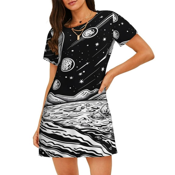Kdxio Cosmic Landscape Celestial Art Pattern Womens Short Sleeve Sleepshirt Scoopneck Cute Nightdress Ruffle Comfy Nightgown