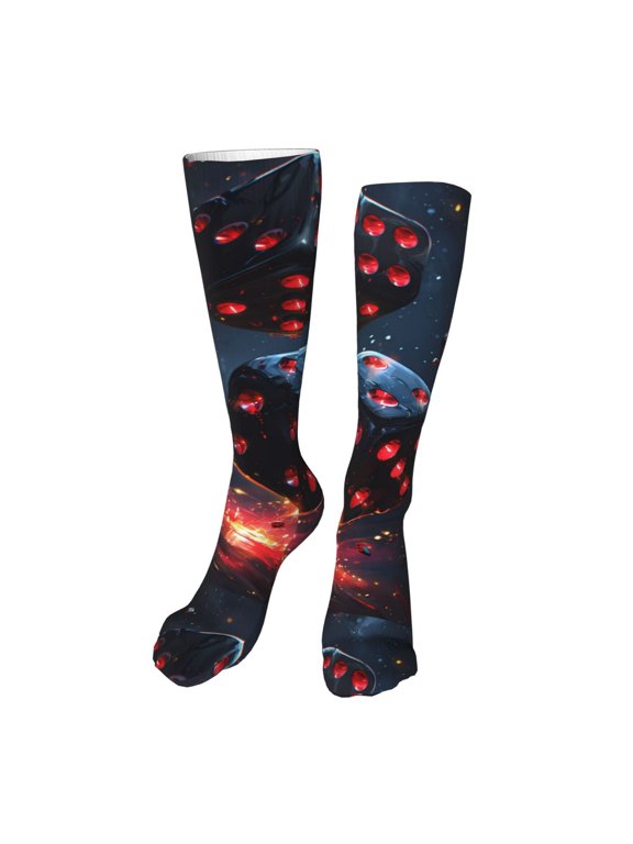 Cosmic Red Sparkle Dice Funny Silky Novelty Funky Long Knee High Socks Soft 3D Print Cosplay Crazy Stockings for Men Women