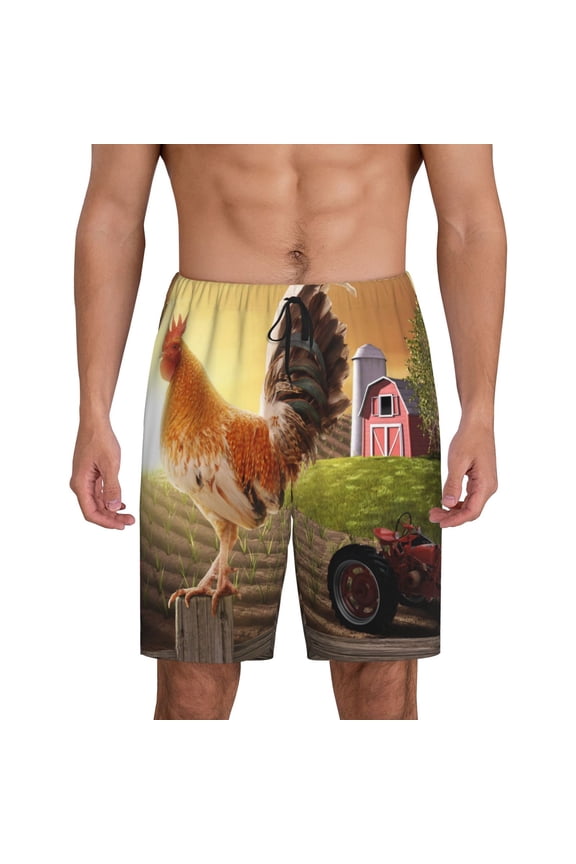 Country Farm Morning Rooster Print Mens Sleep Shorts Bottoms Soft Comfy Pajama Wear Pants with Drawstring Pockets