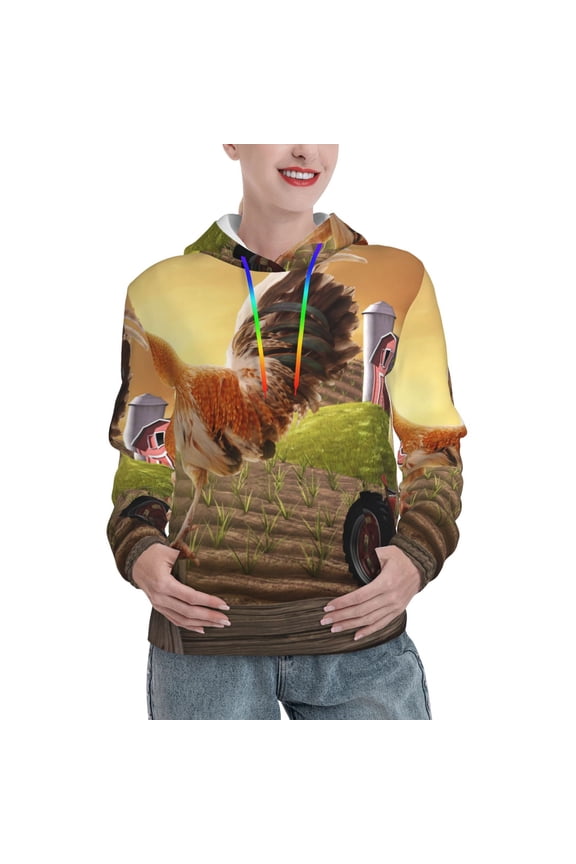Country Farm Morning Rooster Print Womens Oversized Hoodies Sweatshirts Hooded Pullover Tops Sweaters Casual-Medium