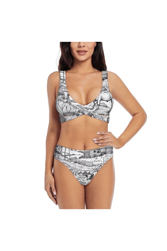 Country Farm Scene Print Women's 2 Piece High Waisted Wrap Spaghetti Strap Summer Swimsuit Bikini Set-Small