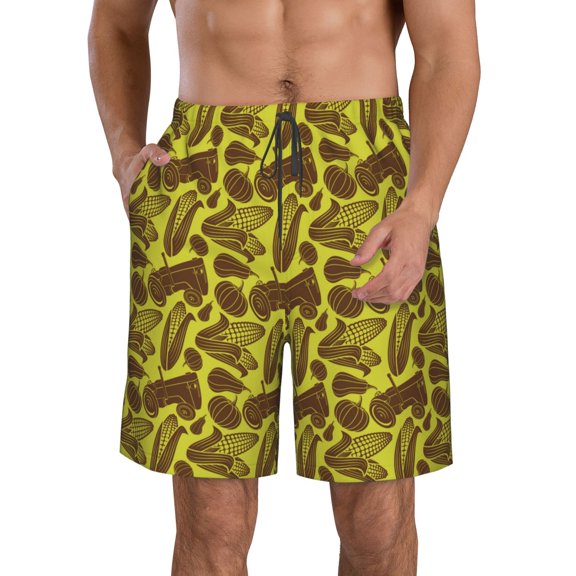 Kdxio Countryside Pumpkin Tractor Pattern Mens Casual Shorts - Drawstring Summer Beach Sports Shorts for Men