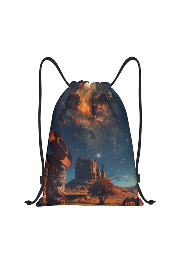 Cowboy Boots Under Starry Sky Print Drawstring Backpack Bag,Waterproof Draw String Back Sack, Gym Drawstring Bags Swim Bag For Unisex