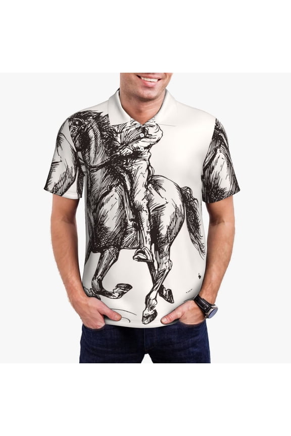 Cowboy Ride A Horse Print Men's Short Sleeve Polo Shirt,Midweight Men's Shirt-Large