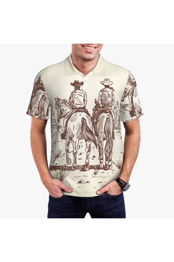 Cowboys Riding Horses Print Men's Short Sleeve Polo Shirt,Midweight Men's Shirt