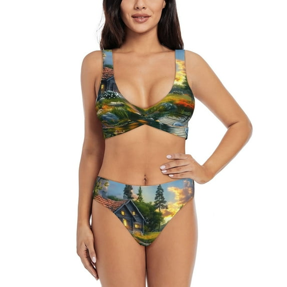 Kdxio Cozy Cottage Lakeside Sunset Print Women's 2 Piece High Waisted Wrap Spaghetti Strap Summer Swimsuit Bikini Set-Small