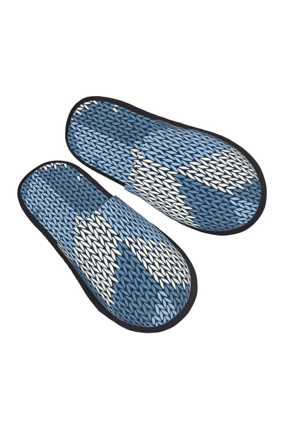 Cozy Knitted Blue Chevron Pattern Slippers for Women Memory Foam Fuzzy House Slippers Bedroom Non-slip Warm Womens Slippers