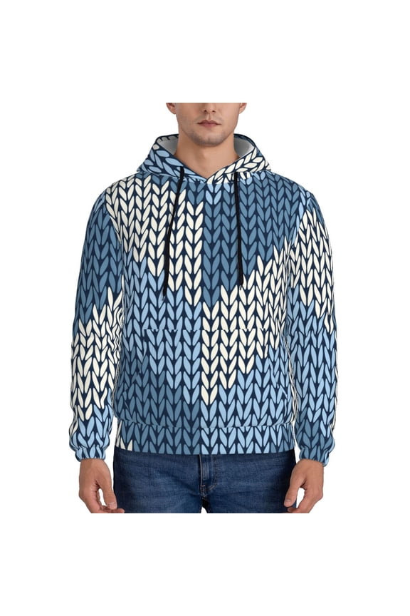 Cozy Knitted Blue Chevron Print Mens Casual Hooded Collar Drawstring Hoodies Pullover Sweatshirts Casual Long Sleeve Shirts-Medium