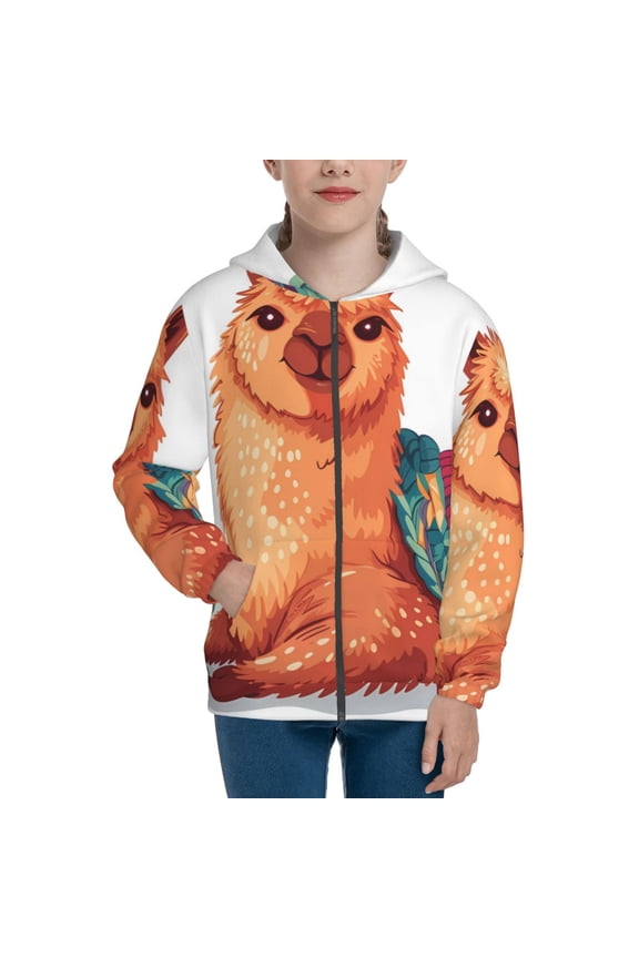Cozy Knitting Llama Pattern Kids Boys Girls Zip Up Hoodie 3D Printed Hooded Sweatshirt Hoody Coat with Pocket 7-12 Y-Medium