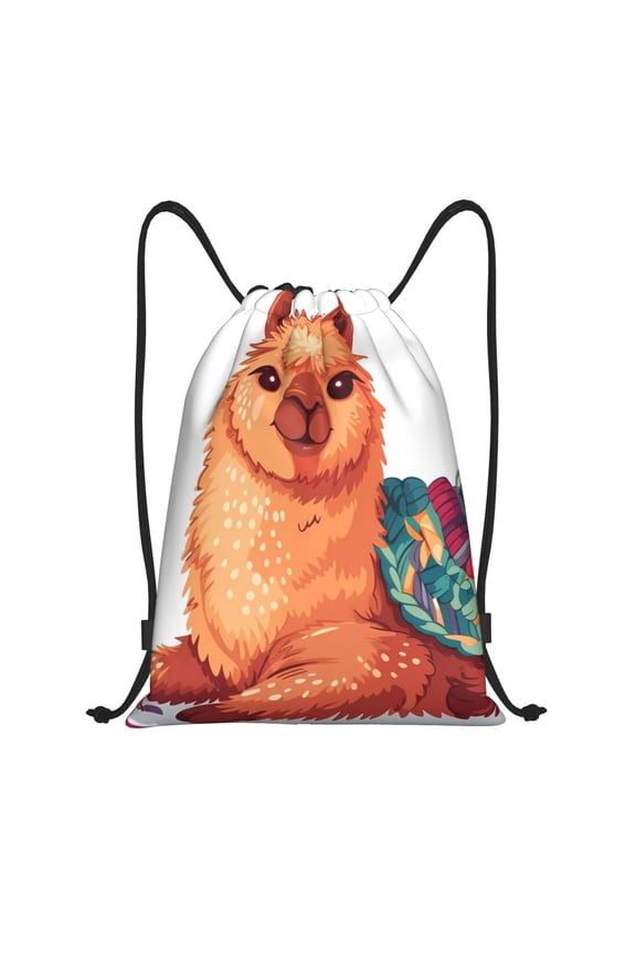 Cozy Knitting Llama Print Drawstring Backpack Bag,Waterproof Draw String Back Sack, Gym Drawstring Bags Swim Bag For Unisex