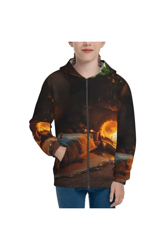 Cozy Tree Hole Cabin Pattern Kids Boys Girls Zip Up Hoodie 3D Printed Hooded Sweatshirt Hoody Coat with Pocket 7-12 Y-Small