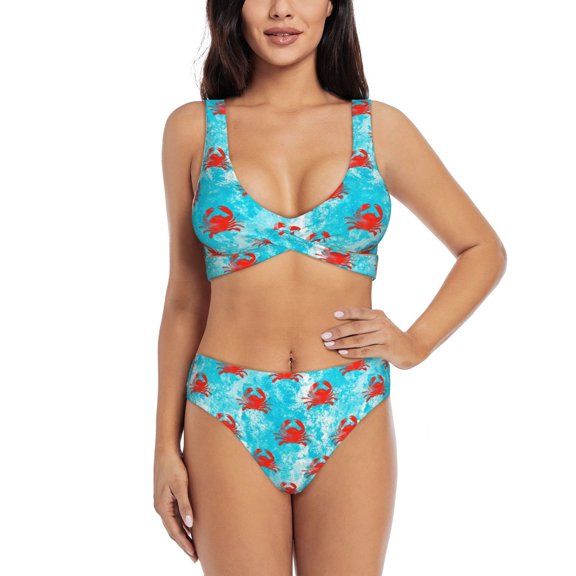 Kdxio Crab Swims In The Ocean Print Women's 2 Piece High Waisted Wrap Spaghetti Strap Summer Swimsuit Bikini Set-Large